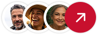 Grupo diversificado de pessoas sorrindo, com um ícone de seta para cima