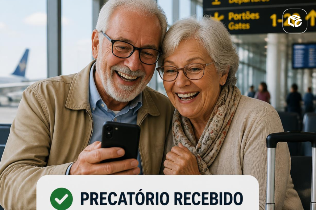 Casal idoso sorridente a ver telemóvel, com texto "Precatório Recebido