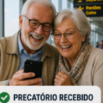 Casal idoso sorridente a ver telemóvel, com texto "Precatório Recebido