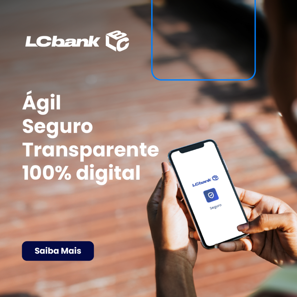 Logo LCbank e texto "Ágil Seguro Transparente 100% digital" num telemóvel