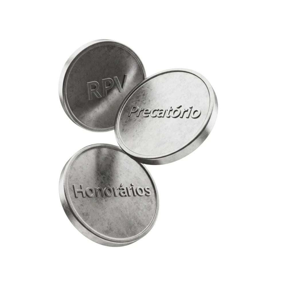 Moedas de metal com inscrições: RPV, Precatório e Honorários