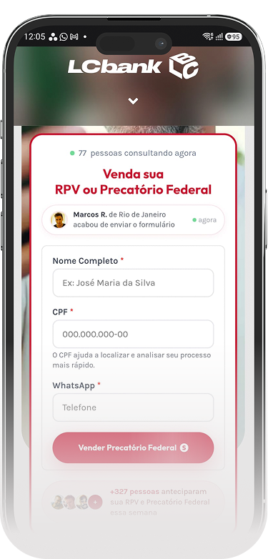 Aplicação Lcbank: preencha dados para vender RPV ou precatório federal.